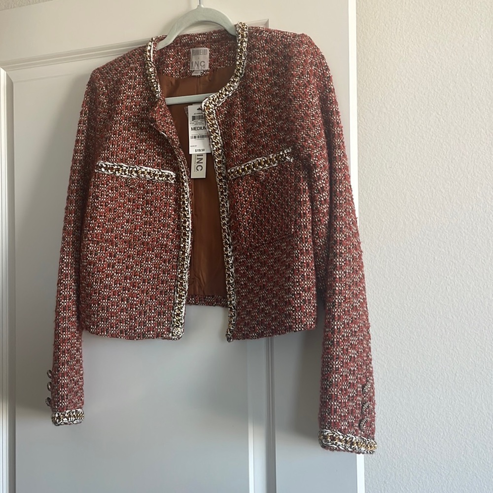 COPY - Jeanniemai INC Rust and White Tweed Blazer with Gold Chain Accent
